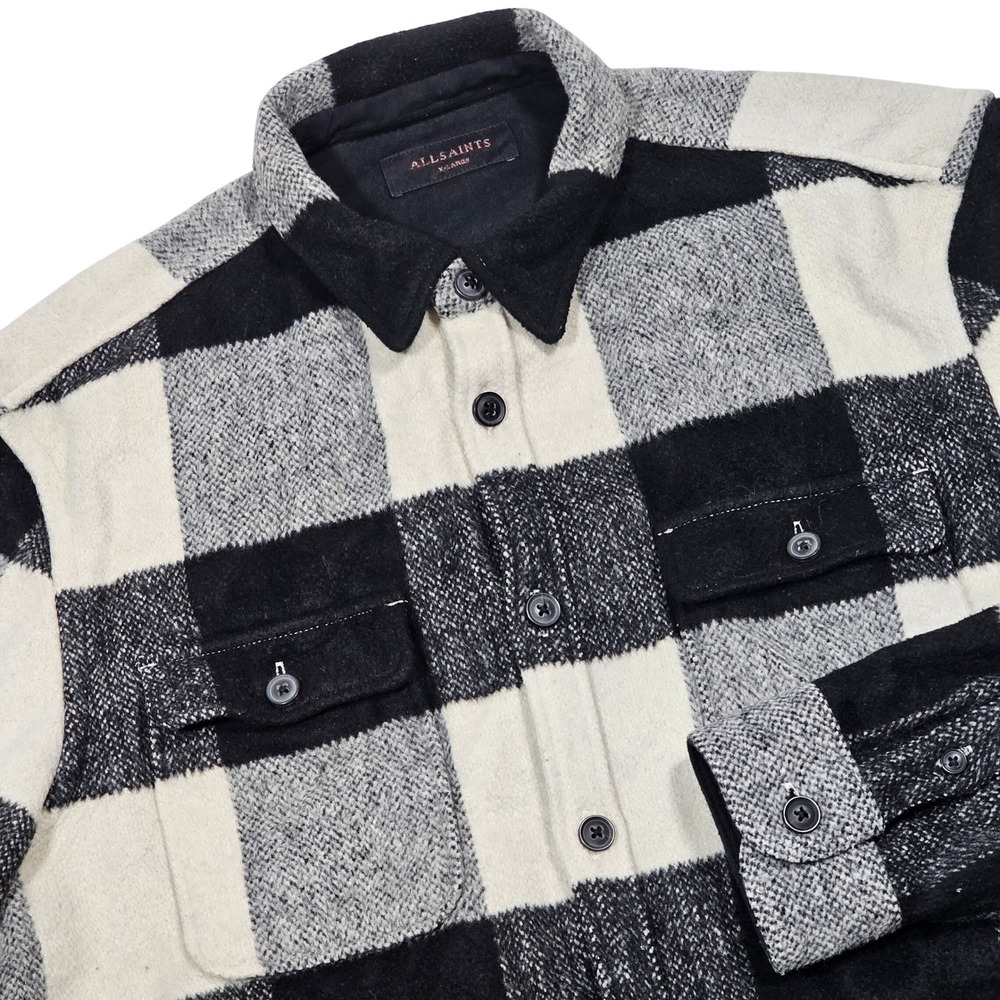 All Saints Laona Shirt Mens XL Black White Check Wool Blend Heavyweight Flannel